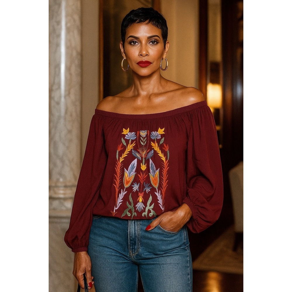 Solitaire Burgundy Off-Shoulder Floral Embroidered Blouse